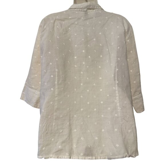 Ishyu Womens White Linen Floral Embroidered Button-Front Shirt Blouse 3/4 Sleeve - Picture 2 of 4
